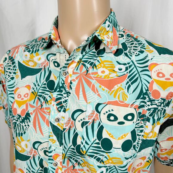 VSTR Men's Small Green Panda Gangster Tropical Leaf Short Sleeve Button-Up Shirt - Picture 2 of 7